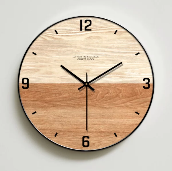 Horloge en bois scandinave bicolore Horloge murale Simple en Grain de bois silencieuse cr ative nordique pour salon et chambre coucher