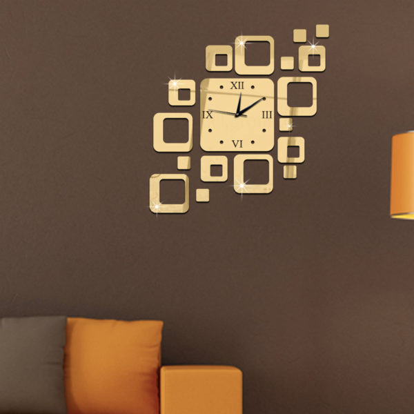 Horloge murale design carrés doré hc
