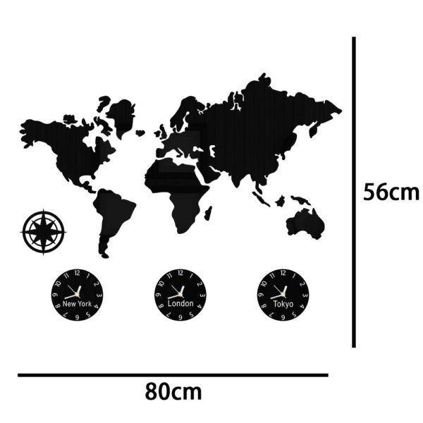 Horloge murale mappemonde en acrylique noir trois fuseaux 3463 293384