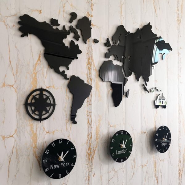 Horloge murale mappemonde en acrylique noir trois fuseaux 3463 4faac5