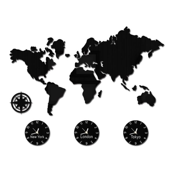 Horloge murale mappemonde en acrylique noir trois fuseaux 3463 6256c2