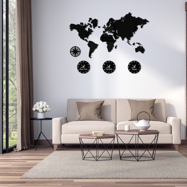 Horloge murale mappemonde en acrylique noir trois fuseaux 3463 69bc5e