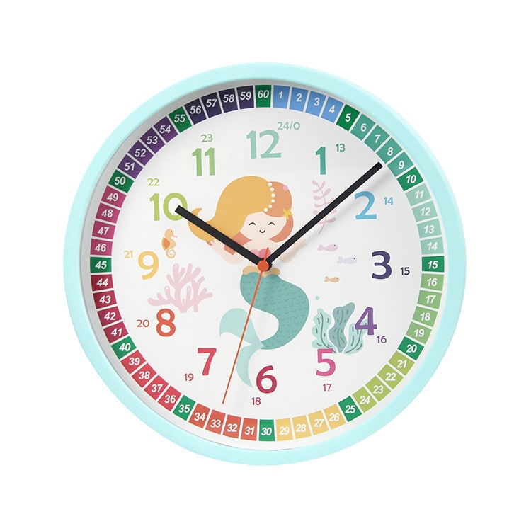 Horloge murale multicolore pour enfant avec un dessin de sirène au centre