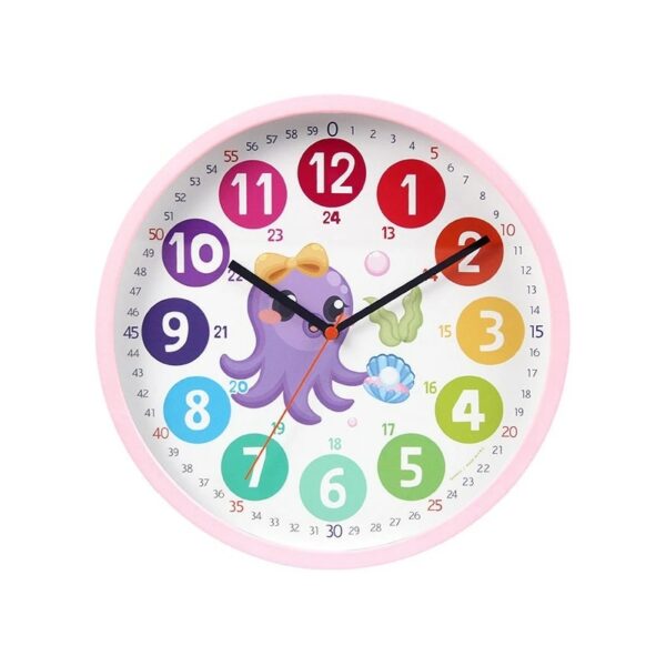 Horloge murale multicolore pour enfant avec un dessin de poulpe violet