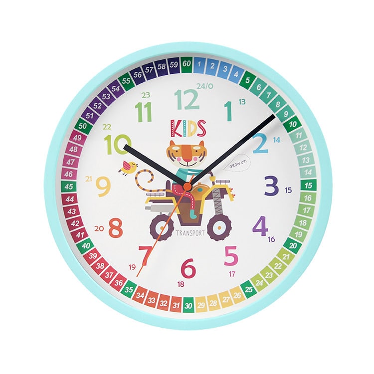 Horloge murale multicolore pour enfant avec un dessin de tigre conduisant un quad
