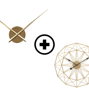 deux produits sont présentés , une horloge minimaliste seulement des aiguilles et un autre horloge dorée en forme de rosas minimaliste