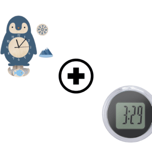 Deux produits sont présentés , une horloge pour chambre d'enfant en forme de pingouin et une mini horloge étanche