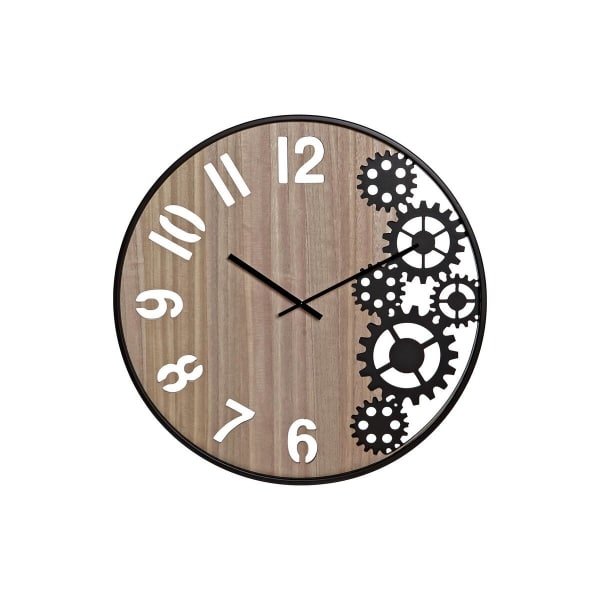 Horloge en bois à petits engrenages noirs, présentée sur fond blanc