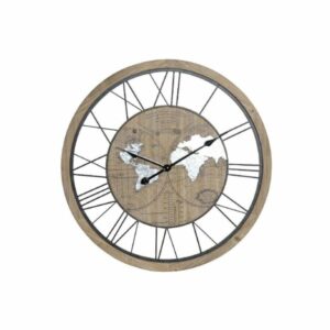 Horloge en bois et métal avec chiffres romains avec une mappemonde nacrée, présentée sur fond blanc