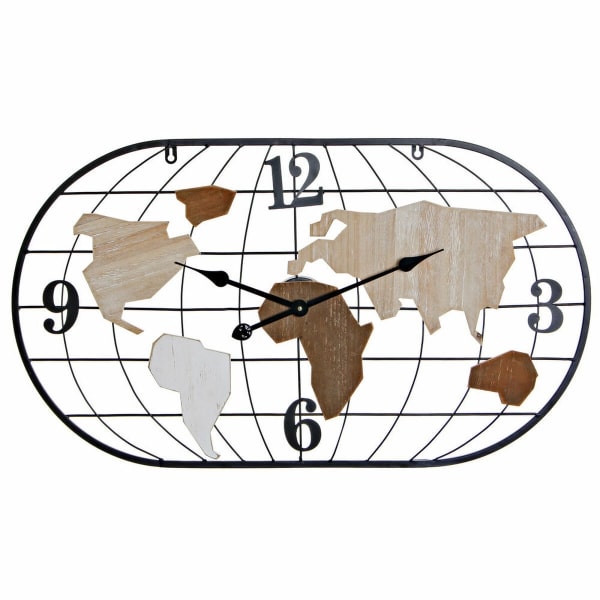 Horloge mappemonde en métal et bois ovale, présentée sur fond blanc