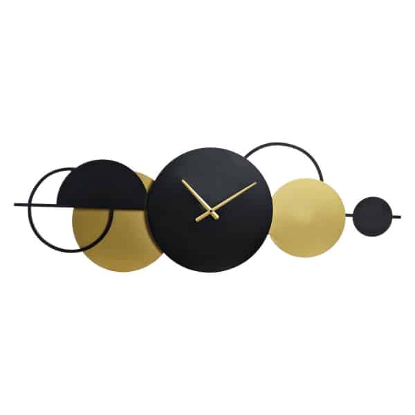 Horloge murale design avec forme ronde noire et dorée, présentée sur fond blanc