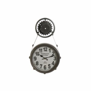 Horloge originale en métal et verre noir, suspendue à un engrenage style industriel