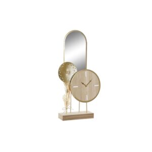 Horloge de table avec petit miroir intégré, en couleurs dorées, présenté sur fond blanc