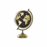 Horloge de table en forme de globe terrestre noir et doré, présenté sur fond blanc