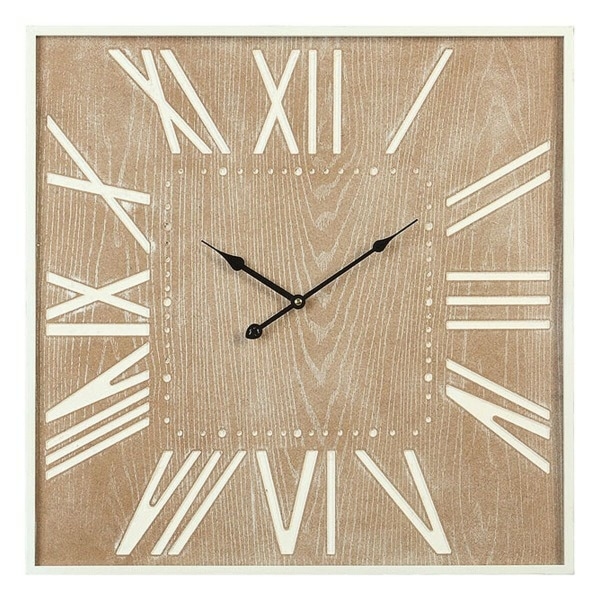 Horloge carrée couleur bois avec des chiffres romains blancs