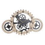 Horloge représentant 3 engrenages en couleur naturelle et noire, présentée sur fond blanc