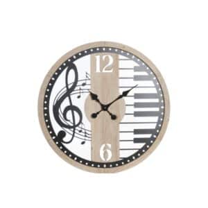 Horloge en bois et métal avec des notes de musique et des touches de piano , de couleur naturelle et noire, design et présentée sur fond blanc