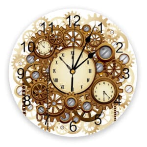 Horloge Steampunk style engrenages dorés présentée sur fond blanc