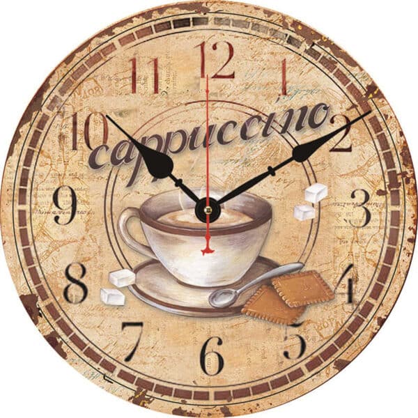 Horloge murale de cuisine Tasse de capuccino vintage présentée sur un fond blanc