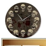 Horloge steampunk murale, avec têtes de mort gothique moderne, avec des têtes de mort à la place des heures, horloge ronde et marron