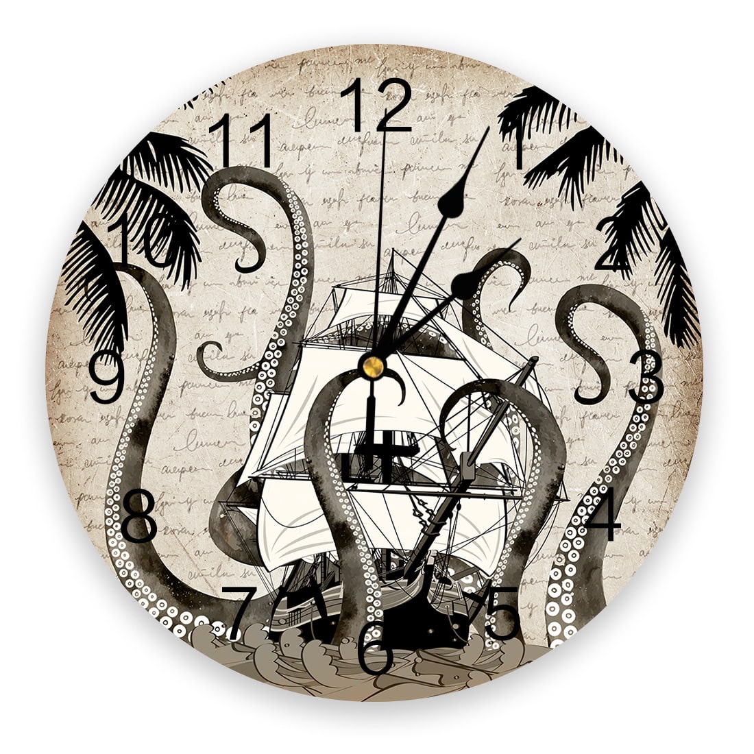 Horloge steampunk murale moderne avec bateau et pieuvre géante dessinés au centre de l'horloge aux tons gris/blanc, avec chiffres pour indiquer l'heure
