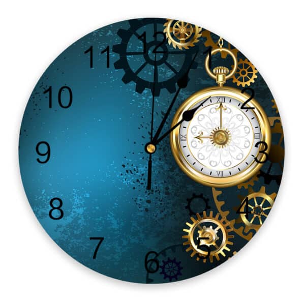 Horloge steampunk murale rétro bleue à engrenage mécanique, avec de dessins de montre à gousset