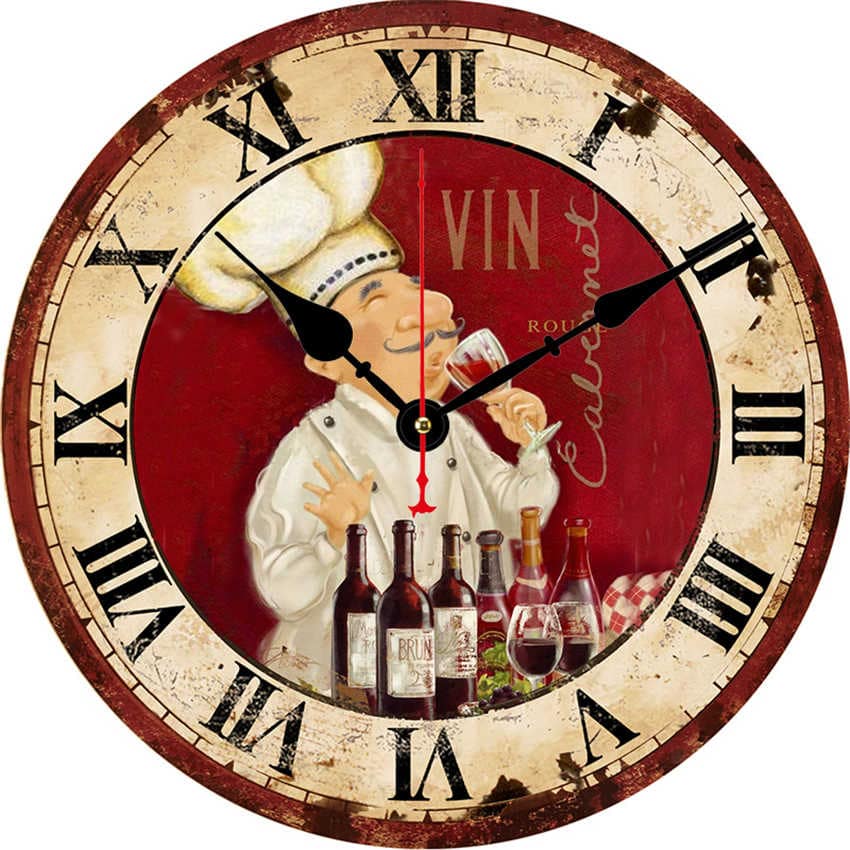 Horloge murale de cuisine avec dessin d'un cuisinier gourmand qui goûte plusieurs vins