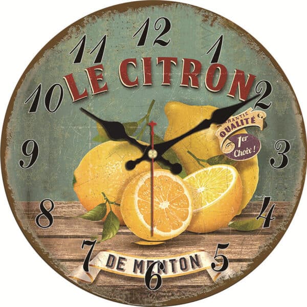 Horloge murale de cuisine design citrons style vintage présentée sur fond blanc
