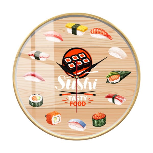 Horloge murale de cuisine design sushis avec cadre présentée sur fond blanc