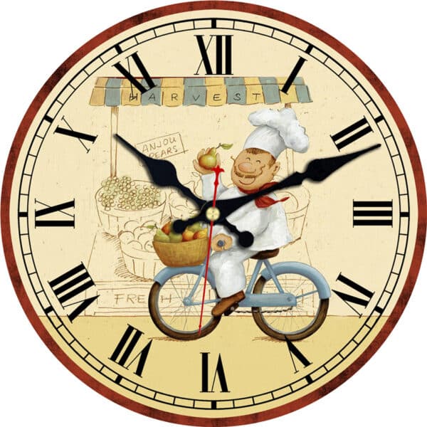 Horloge murale de cuisine avec motif Petit cuisto à vélo présentée sur fond blanc