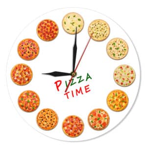 Horloge murale de cuisine en acrylique avec motif de pizzas