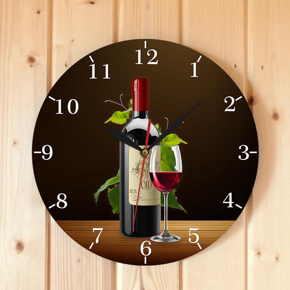 Horloge murale de cuisine en acrylique avec design bouteille et verre de vin
