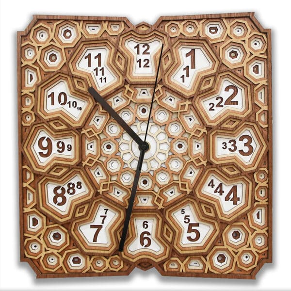 Horloge murale à mandala multicouche 3D en bois , présentée sur fond blanc