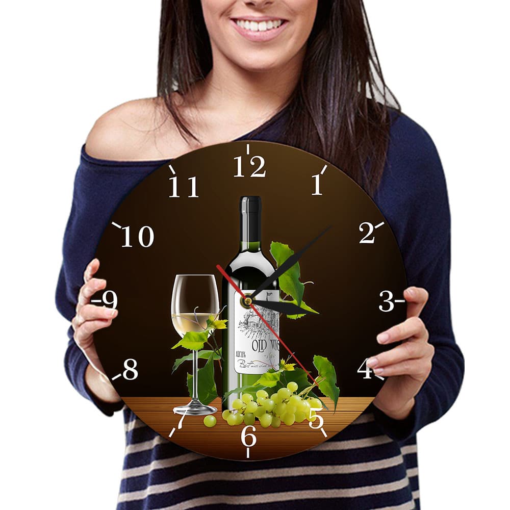 Horloge murale de cuisine en acrylique avec bouteille et verre de vin