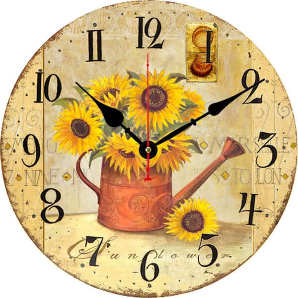 Horloge ronde de cuisine vintage et rustique sur l'horloge on voit le dessin d'un bouquet de tournesol dans un arrosoir rétro