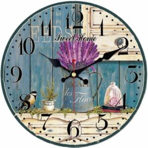 Horloge murale ronde en bois, bouquet de lavande, horloge vintage