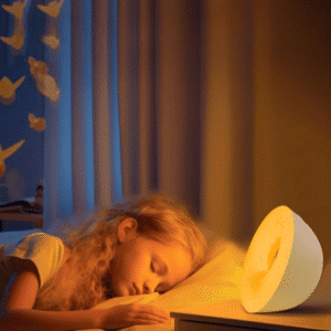Réveil Jour Nuit LED avec Lumière Changeante posé sur une table de nuit sur fond de rideaux avec une fille dormant dans un lit