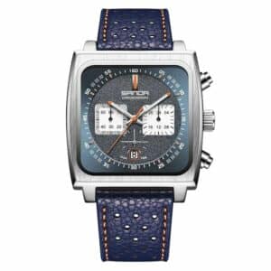 Montre Carrée Homme Étanche et Confortable bleue sur fond blanc