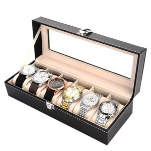 Coffret Montre Solide et Élégant ouvert avec 6 montres exposées dedans et sur fond blanc