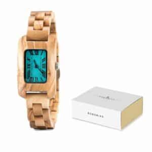 Montre en Bois Femme avec Cadran Bleu Tendance avec la boite d'origine sur fond blanc