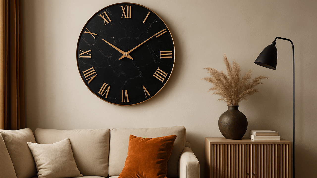 les horloges murales tendances pour sublimer votre déco en 2025 hologe noire chiffres romains dorés, canapé 2 coussins et meubles bois à droite avec vase marron et lampe noire au sol