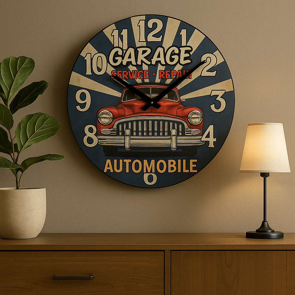horloge murale vintage style garage rétro avec voiture rouge - parfaite pour une décoration industrielle ou atelier sur mur beige avec une lampe allumée à droite et un pot de plante verte à gauche