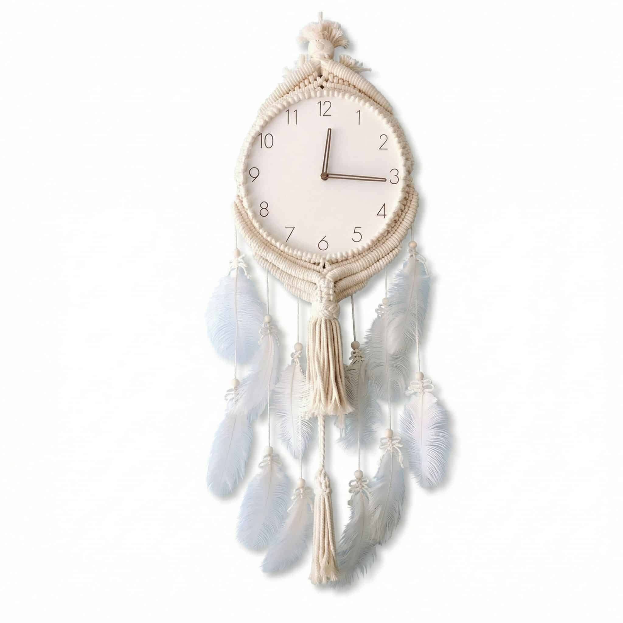 Horloge Murale Attrape-Rêves à Plumes Blanches Bohème 1