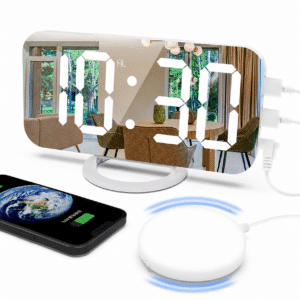 Réveil miroir très fort avec secoueur de lit et chargeur de téléphone