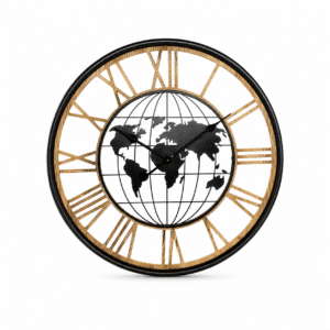 Horloge décoration mappemonde noire et dorée