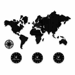 Horloge murale mappemonde en acrylique noir trois fuseaux
