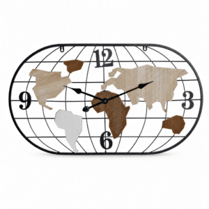 Horloge ovale en métal et bois avec mappemonde