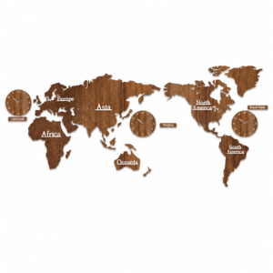 Grande horloge murale mappemonde en bois trois fuseaux