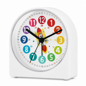 Réveil Éducatif Rond avec Motif de Fusée pour Enfants