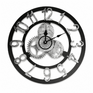 Horloge murale vintage argentée avec engrenages